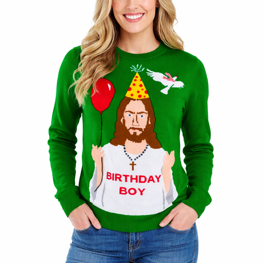 Women's Tipsy Elves Jesus Christmas Holiday Green Sweater | Size Small